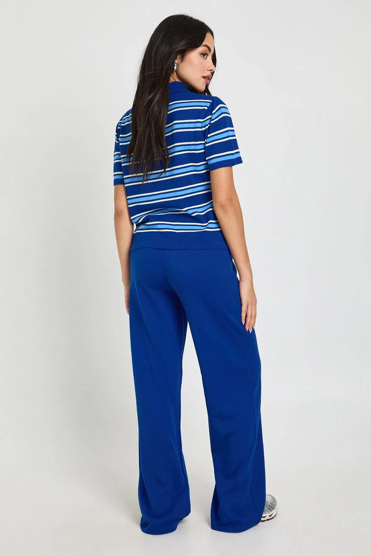 Placket Collar Short Sleeve Stripe Knitted Top And Trouser