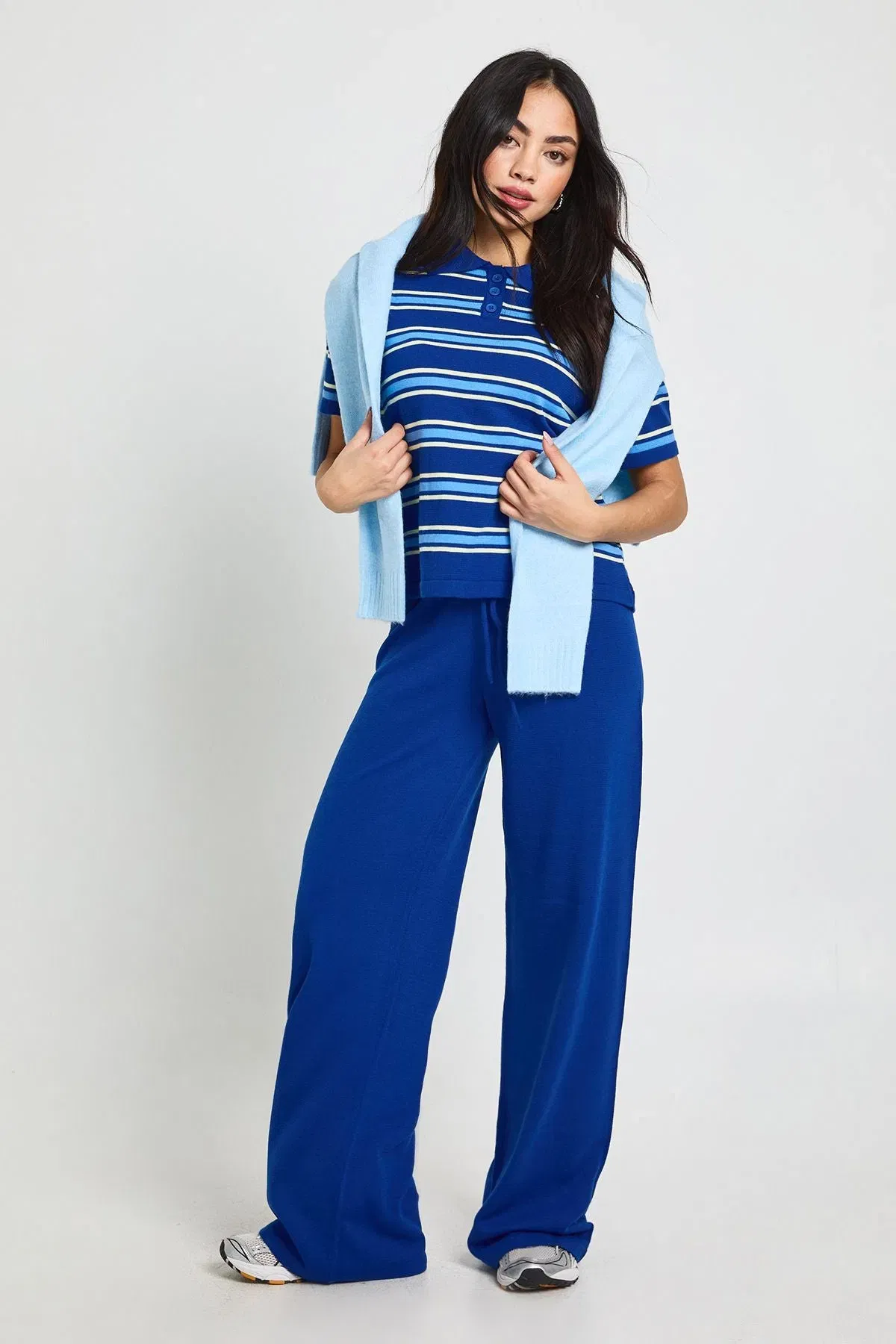Placket Collar Short Sleeve Stripe Knitted Top And Trouser
