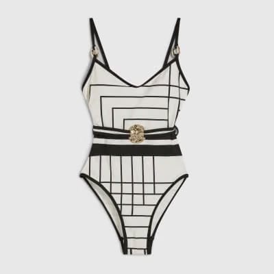 Cream Geometric Stripe Swimsuit