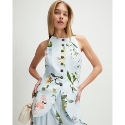 Blue Linen Blend Floral Longline Waistcoat