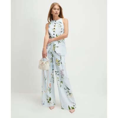 Blue Linen Blend Floral Longline Waistcoat