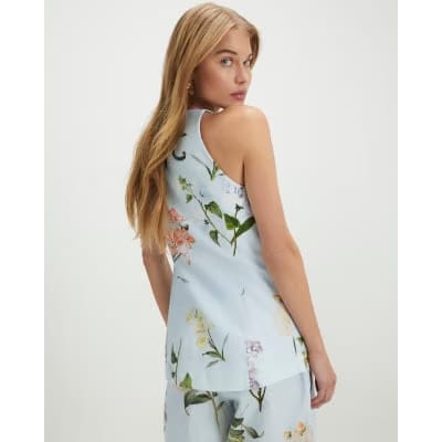 Blue Linen Blend Floral Longline Waistcoat