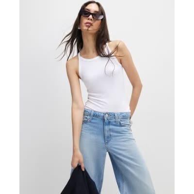 White Ribbed Racer Front Tank Top
