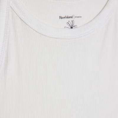 White Ribbed Racer Front Tank Top