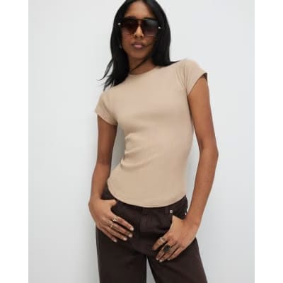 Beige Fitted Rib T-Shirt