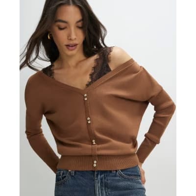 Brown V Neck Button Jumper