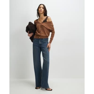 Brown V Neck Button Jumper