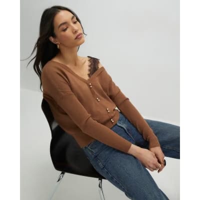 Brown V Neck Button Jumper