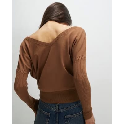 Brown V Neck Button Jumper