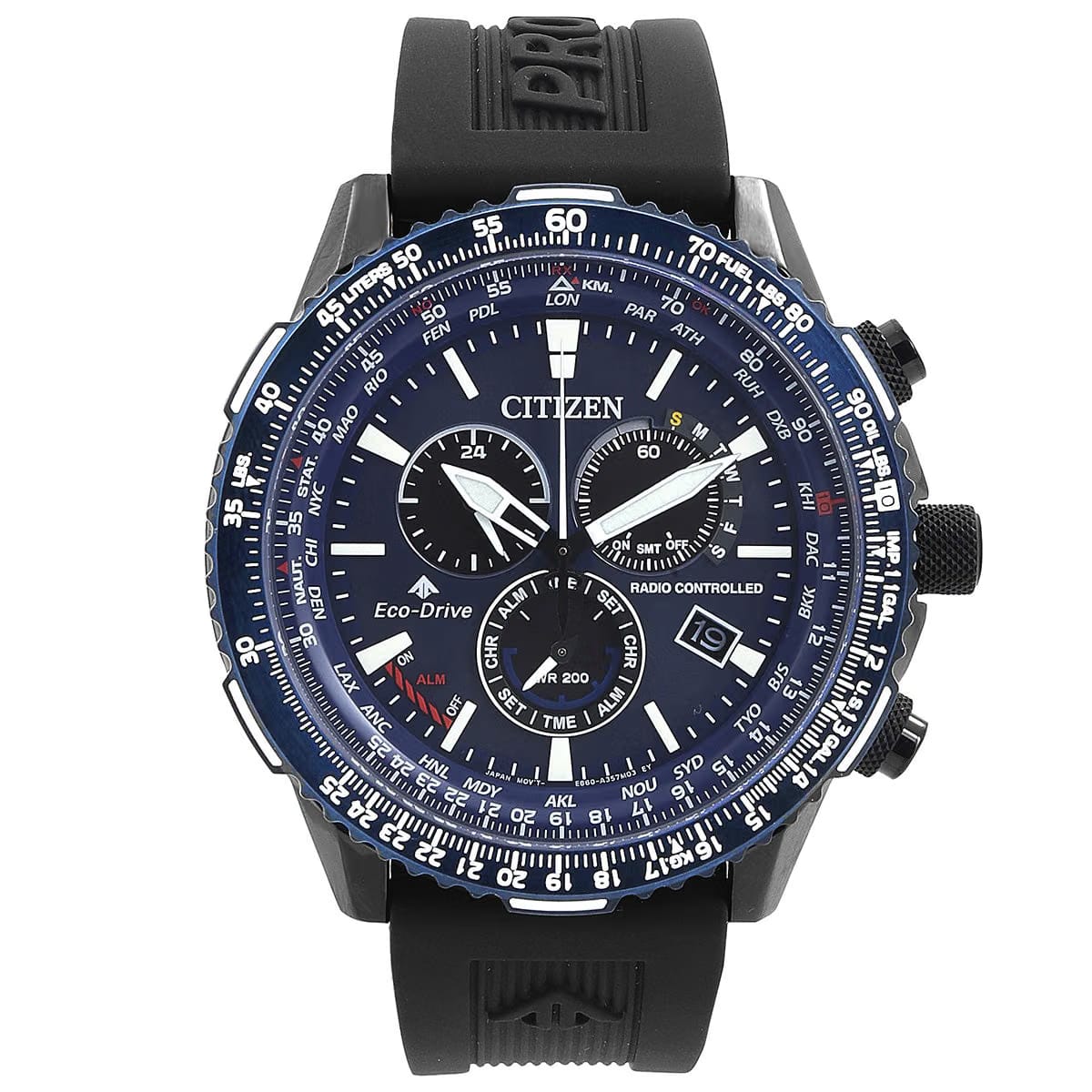 Citizen Promaster Air A-T Perpetual Alarm World Time Chronograph Gmt Blue Dial Mens Watch