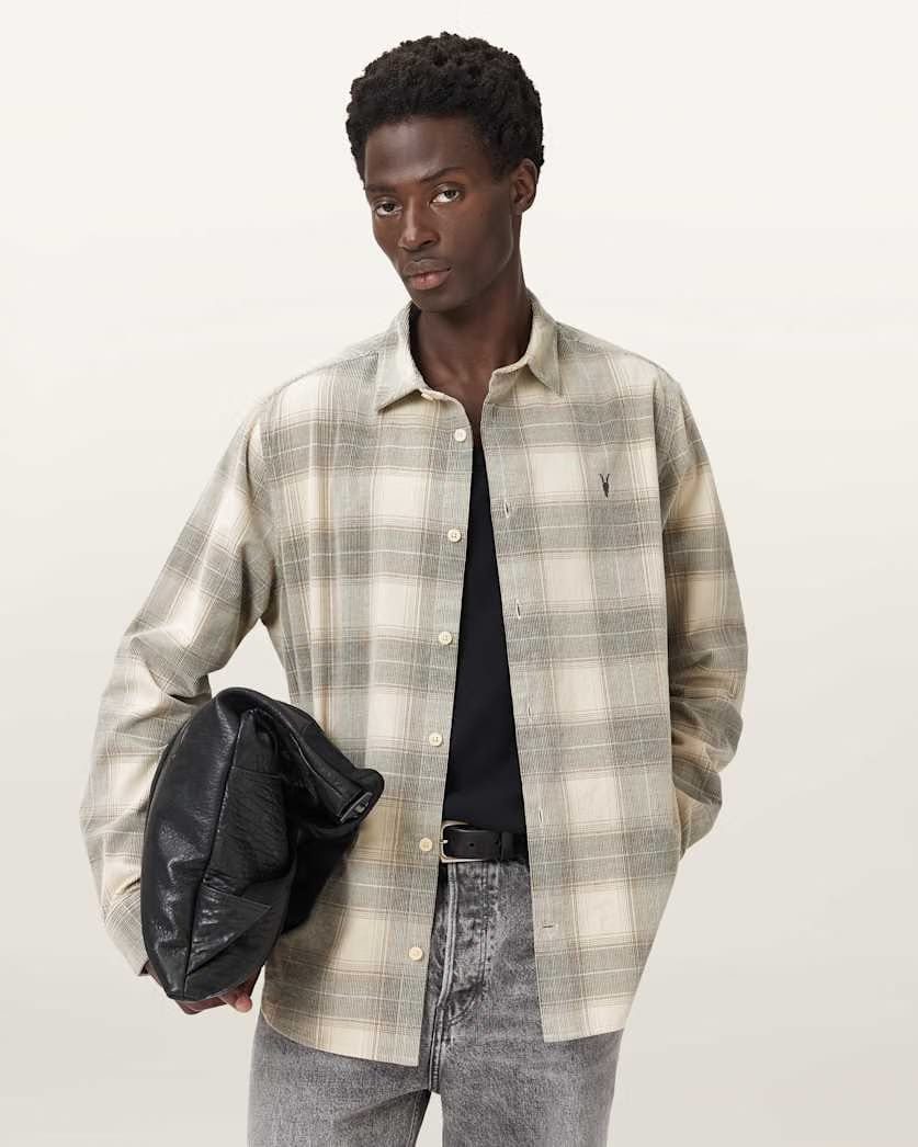 AllSaints Yuki Ramskull Check Shirt Sandshell Taupe