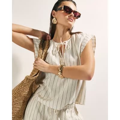Cream Linen Blend Striped Tie Neck Top