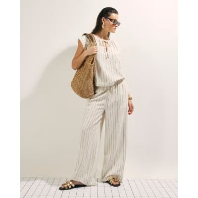 Cream Linen Blend Striped Tie Neck Top
