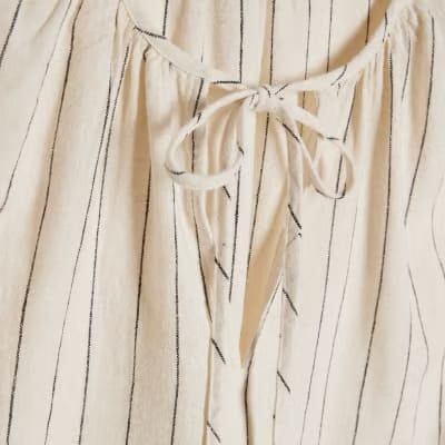 Cream Linen Blend Striped Tie Neck Top