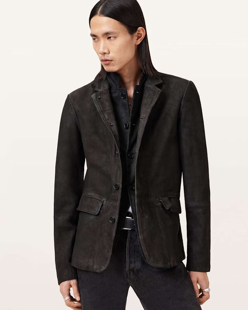 AllSaints Survey Double Layered Waxed Suede Blazer Black