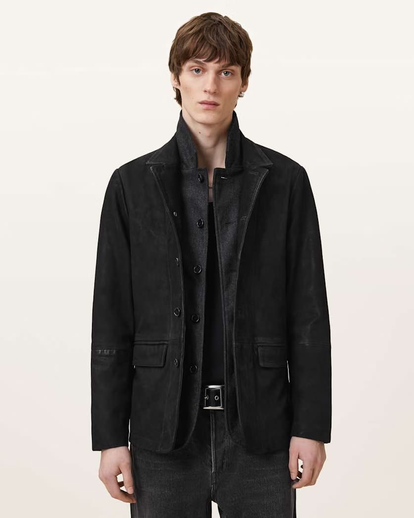 AllSaints Survey Double Layered Waxed Suede Blazer Black