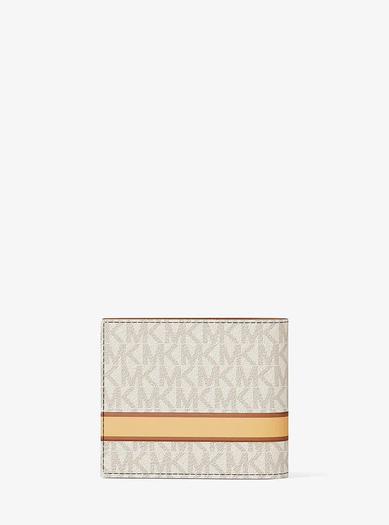 Michael Kors Cooper Striped Signature Logo Billfold Wallet With Passcase Vanilla Combo