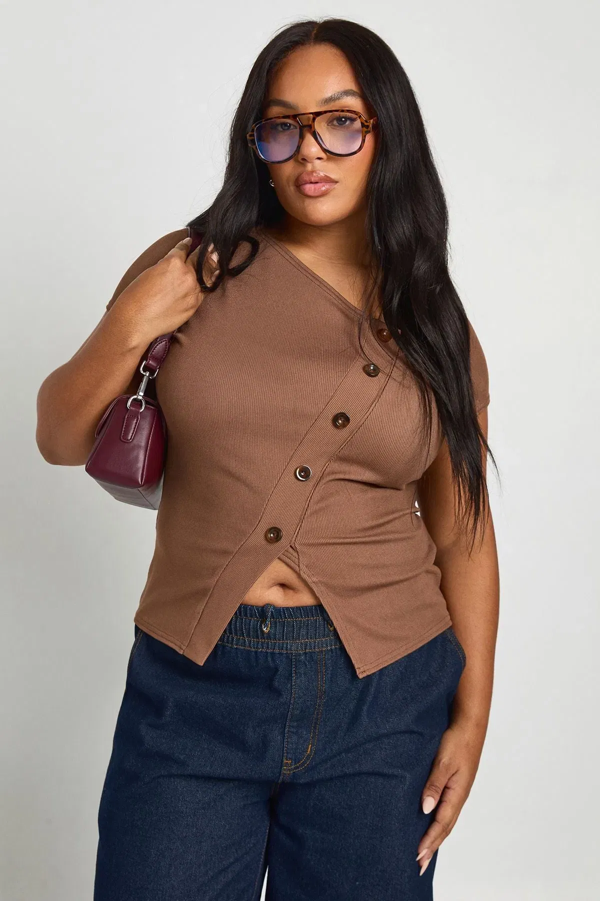 Plus Asymmetric Button Down Cap Sleeve Top