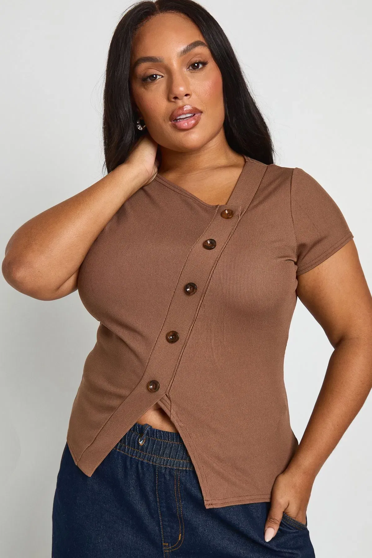 Plus Asymmetric Button Down Cap Sleeve Top