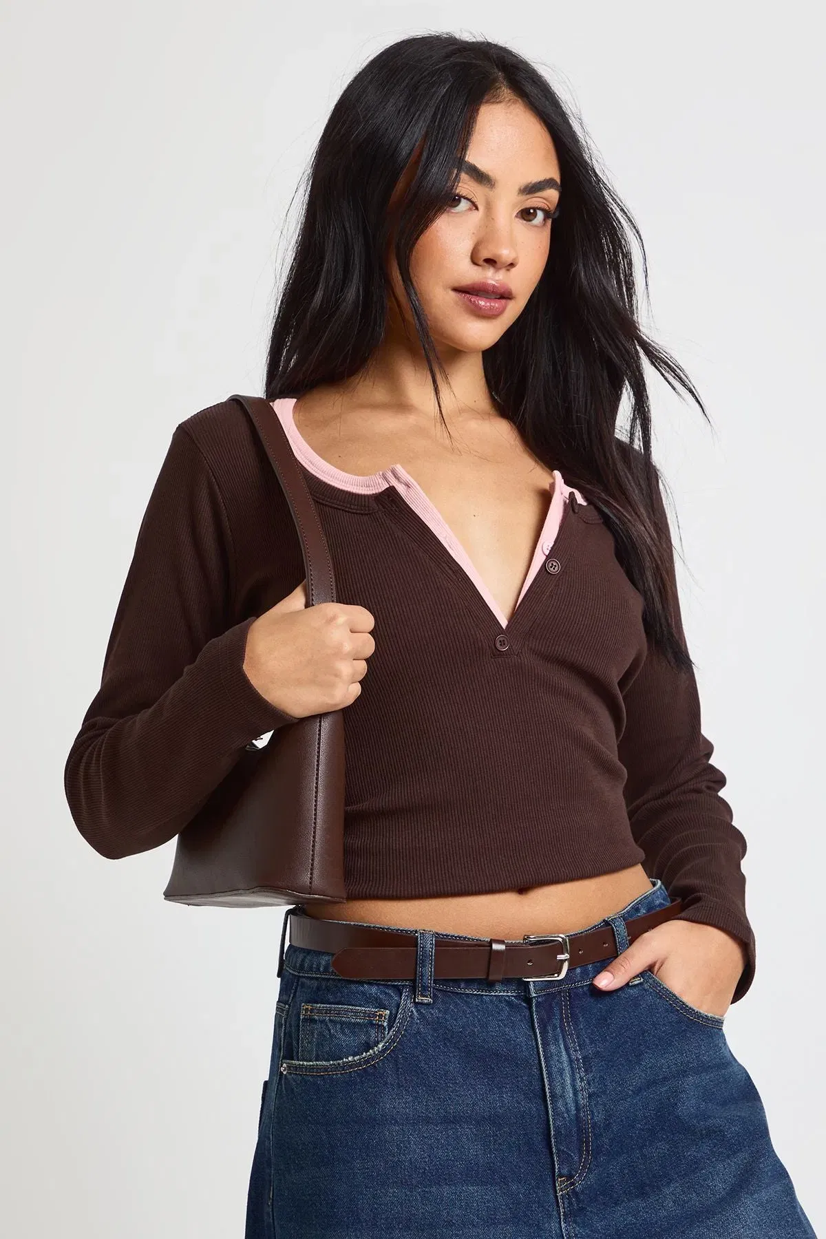 Ribbed Contrast Henley Button Long Sleeve Top