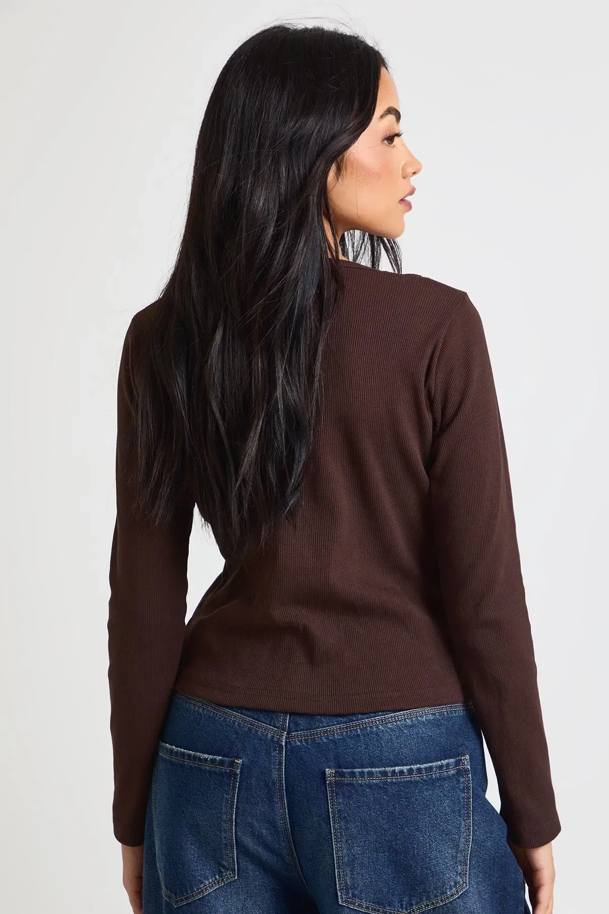 Ribbed Contrast Henley Button Long Sleeve Top