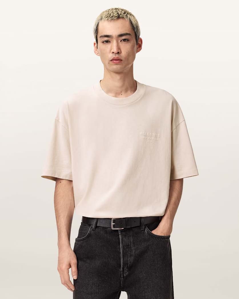 AllSaints Xander Flocked Logo Oversized T Shirt Coastline Blue