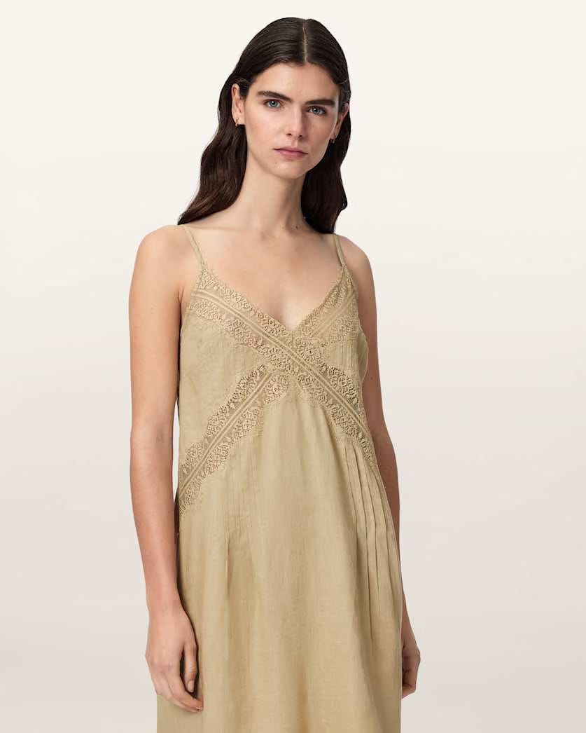 AllSaints Samia Linen Lace Midi Dress Women's Pinto Brown Women's