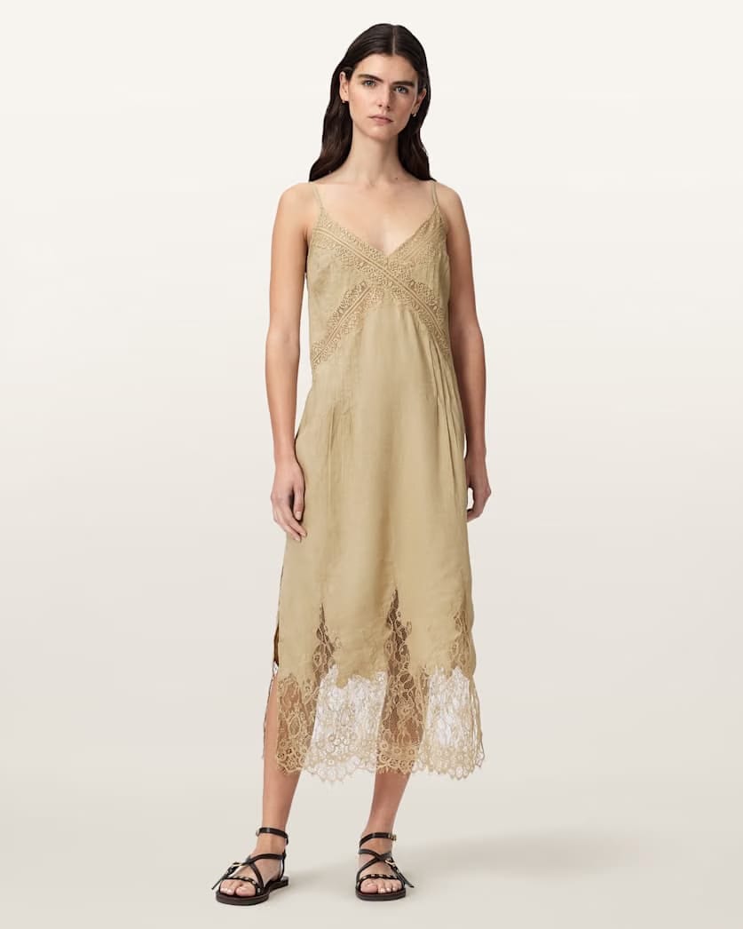 AllSaints Samia Linen Lace Midi Dress Women's Pinto Brown Women's