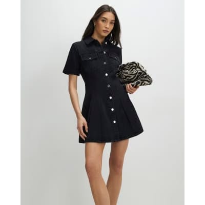 Black Denim Pleat Front Mini Dress