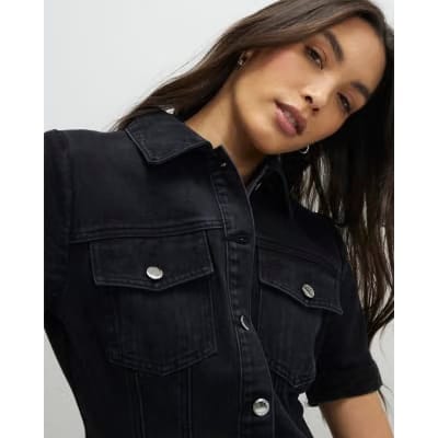 Black Denim Pleat Front Mini Dress