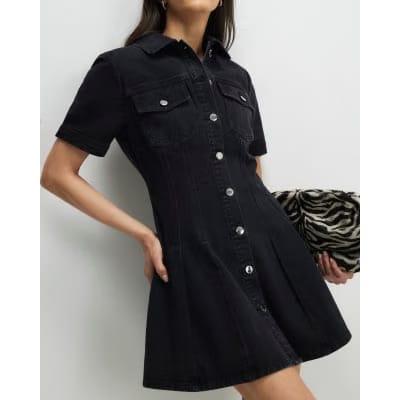 Black Denim Pleat Front Mini Dress