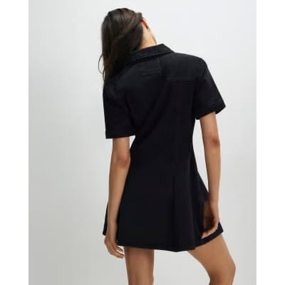 Black Denim Pleat Front Mini Dress