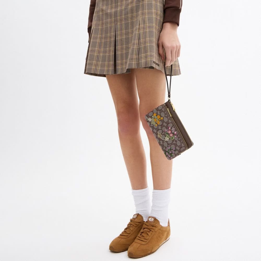 Double Zip Wristlet In Signature Jacquard With Floral Embroidery