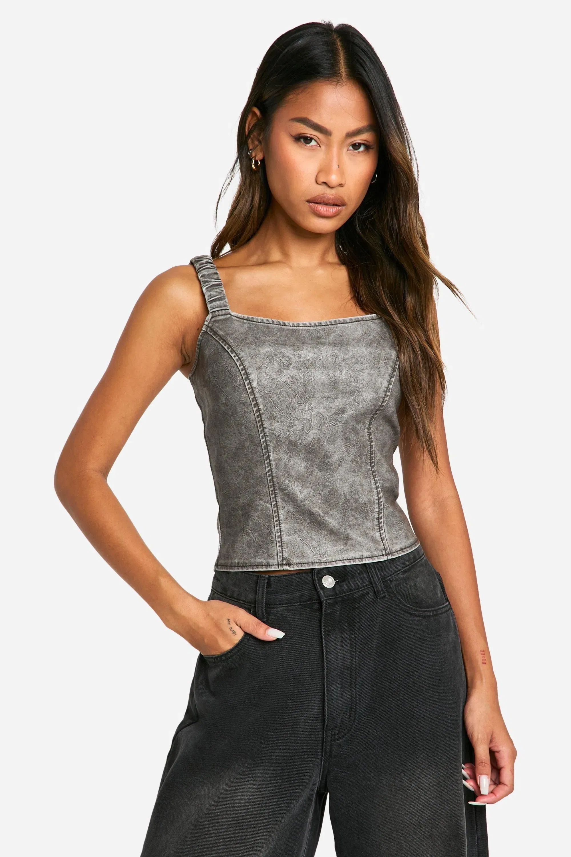 Washed Faux Leather Ruched Strap Corset
