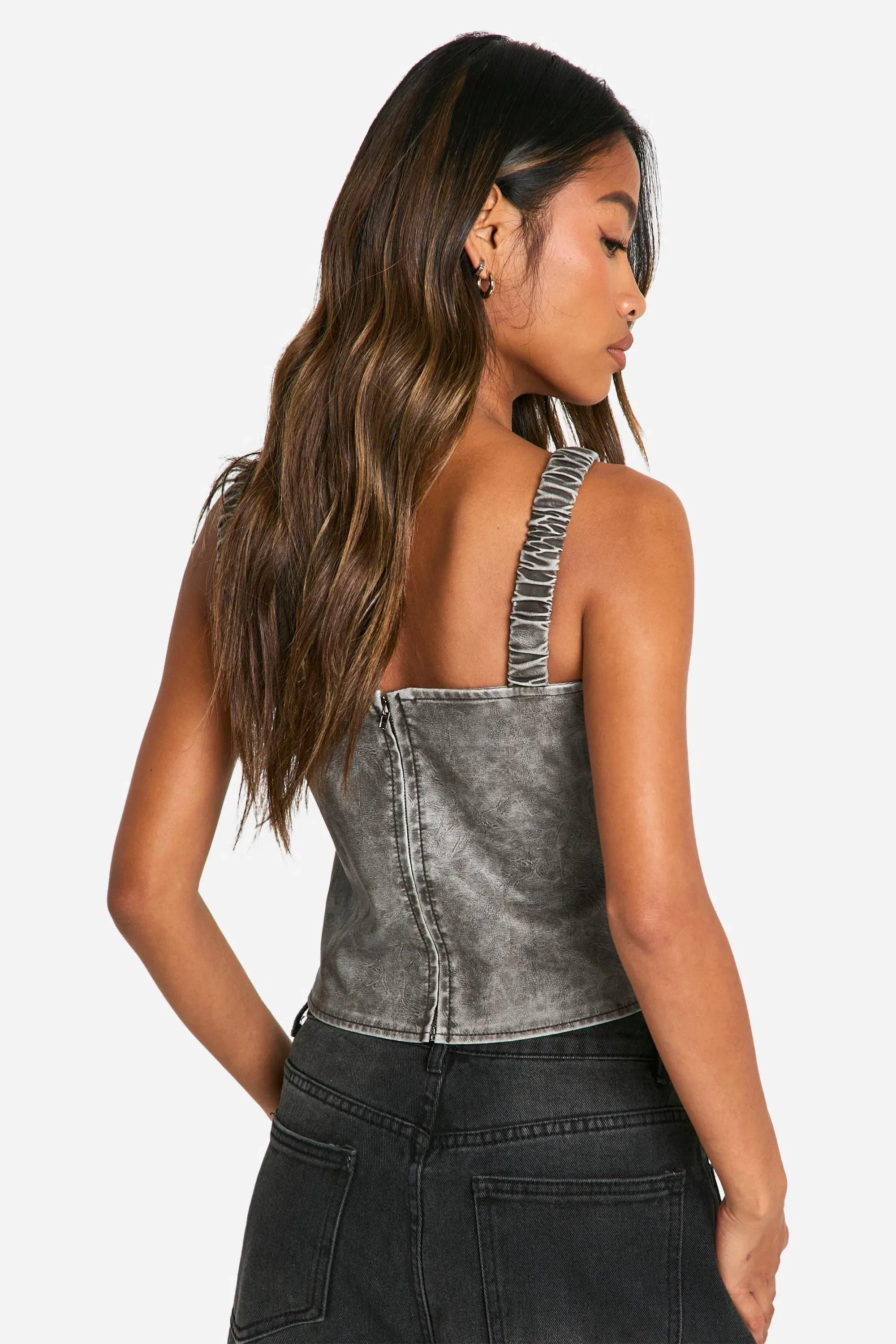 Washed Faux Leather Ruched Strap Corset