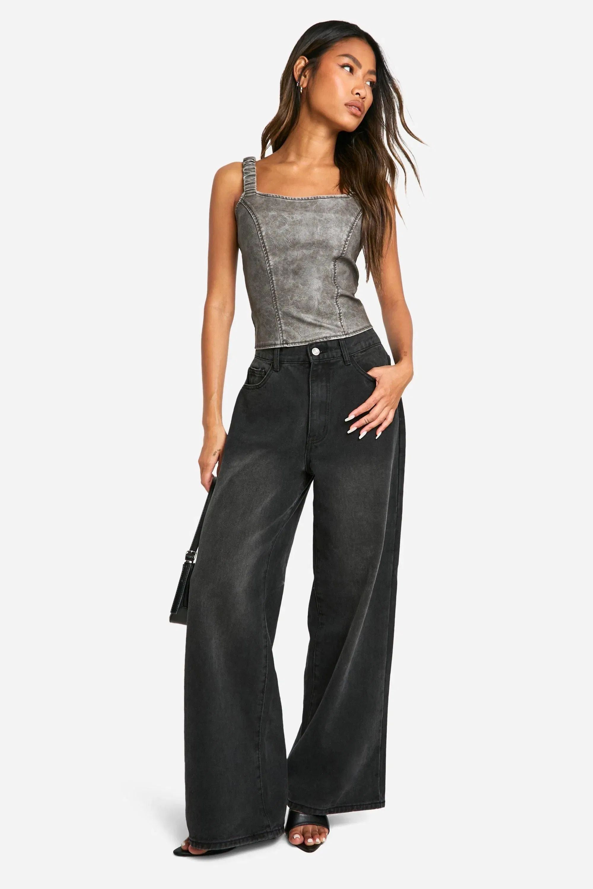 Washed Faux Leather Ruched Strap Corset