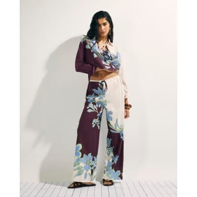 Cream Floral Wide Leg Beach Trousers