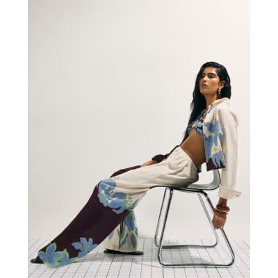 Cream Floral Wide Leg Beach Trousers