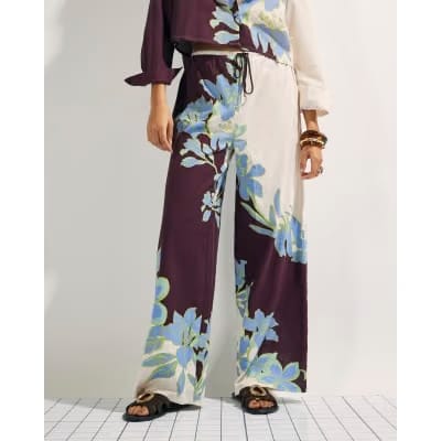Cream Floral Wide Leg Beach Trousers