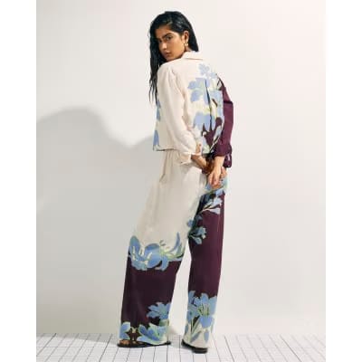 Cream Floral Wide Leg Beach Trousers