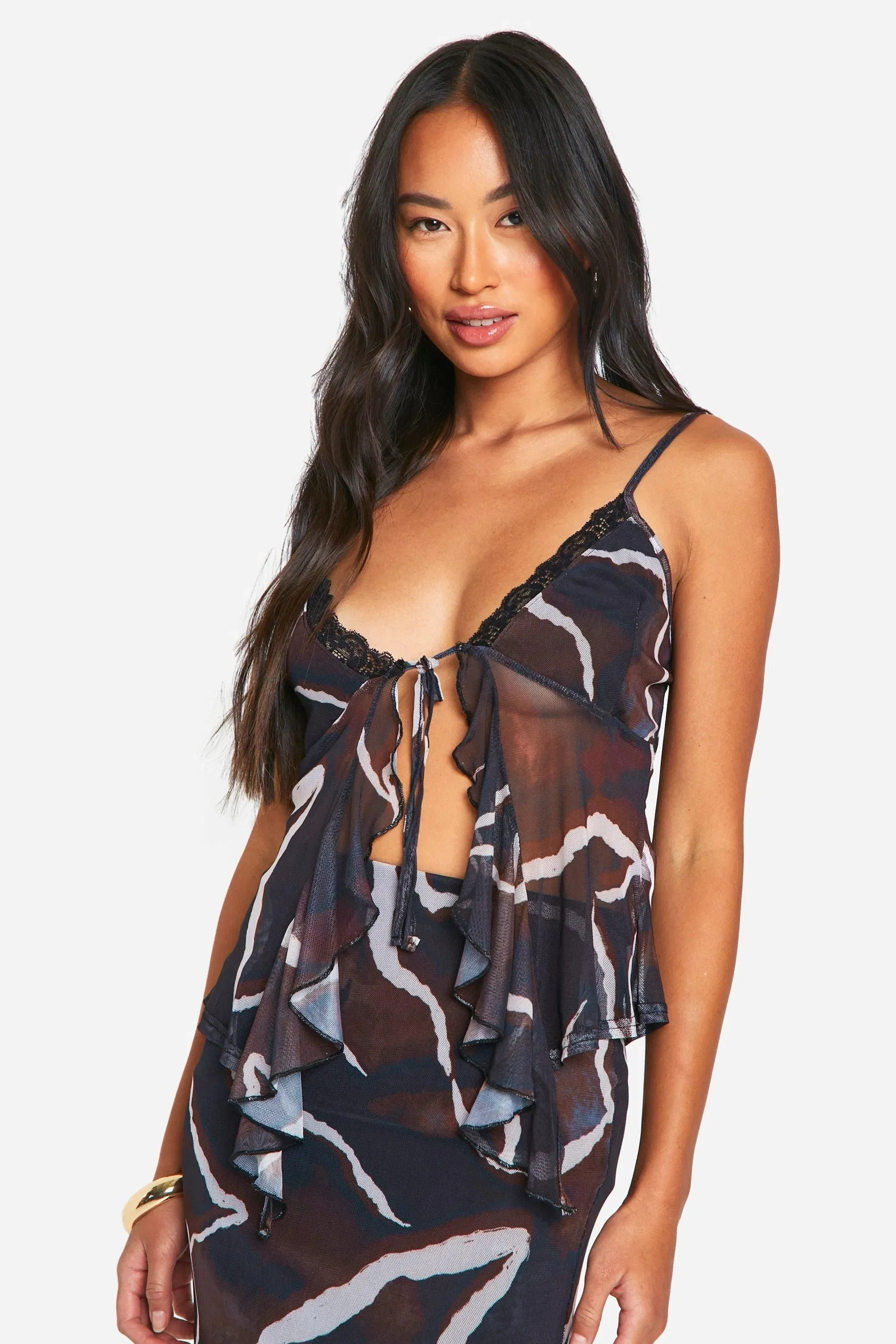 Tie Ruffle Printed Ruffle Cami Top