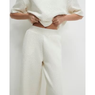 Cream Petite Jacquard Wide Trouser