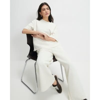 Cream Petite Jacquard Wide Trouser