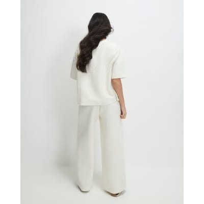 Cream Petite Jacquard Wide Trouser