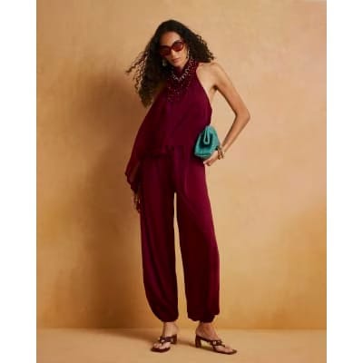 Red Halter Neck Balloon Leg Jumpsuit