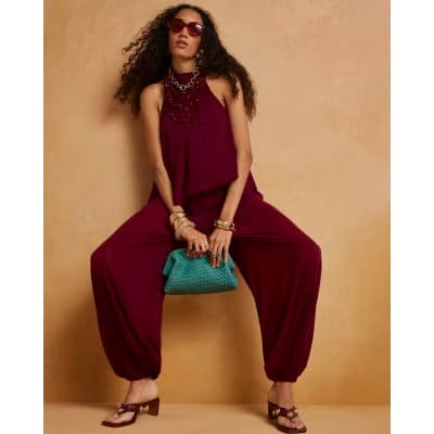 Red Halter Neck Balloon Leg Jumpsuit