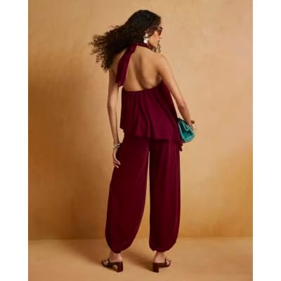 Red Halter Neck Balloon Leg Jumpsuit