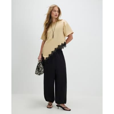 Beige Asymmetric Lace Satin T-Shirt