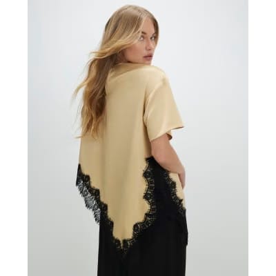 Beige Asymmetric Lace Satin T-Shirt