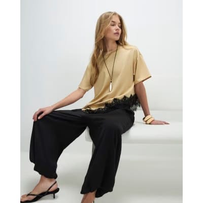 Beige Asymmetric Lace Satin T-Shirt